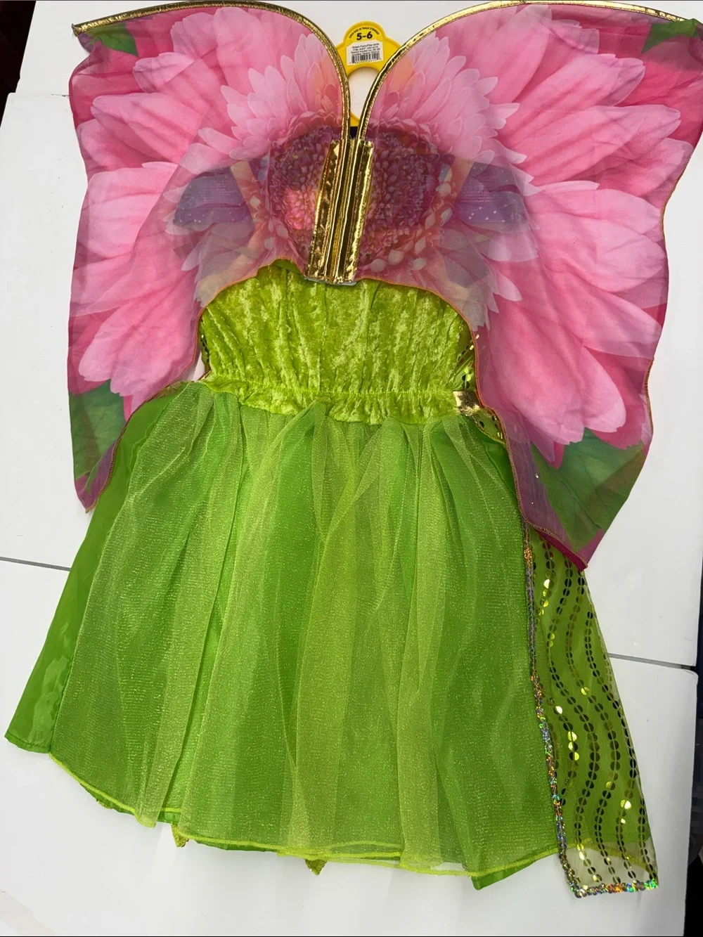 NEW Princess Factory Green Princess Fairy Girls Costume with Pink Wings Size 5-6